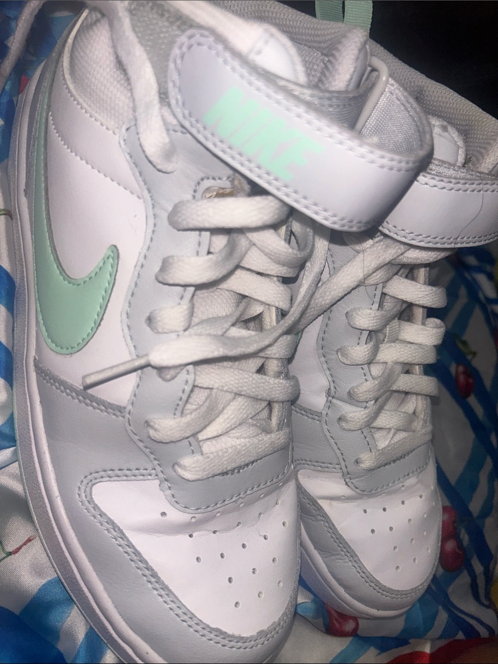 Nike Kids White and Mint Green High-Top Sneakers with Strap